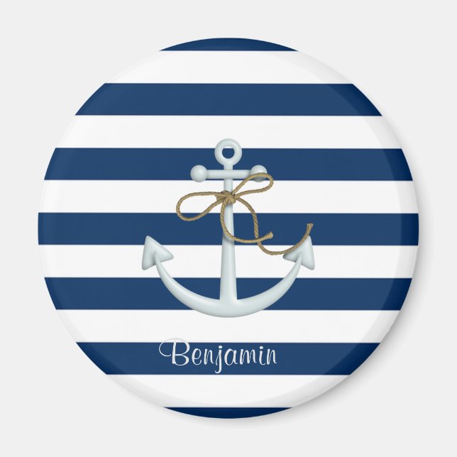 Nautischer Anker auf Navy Blue Stripes Personalisi Magnet (Vorne)