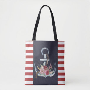 Nautischer Anker Blumen, Marineblau, rote Streifen