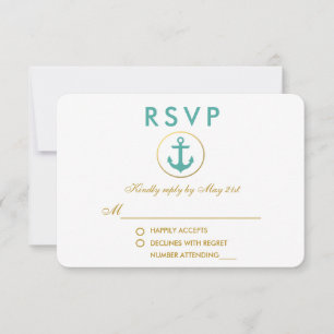 Nautischer Anker für Hochzeiten Aquamarin Gold UAW RSVP Karte