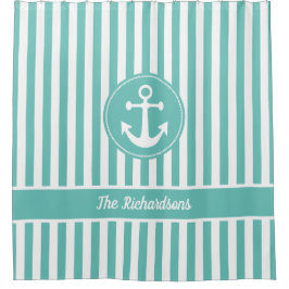 Nautischer Anker mit Aquamarinen und weißen Streif Duschvorhang