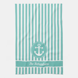 Nautischer Anker mit Aquamarinen und weißen Streif Geschirrtuch