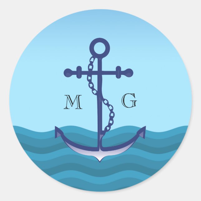 Nautischer Anker mit Doppelmonogramm Runder Aufkleber (Vorderseite)