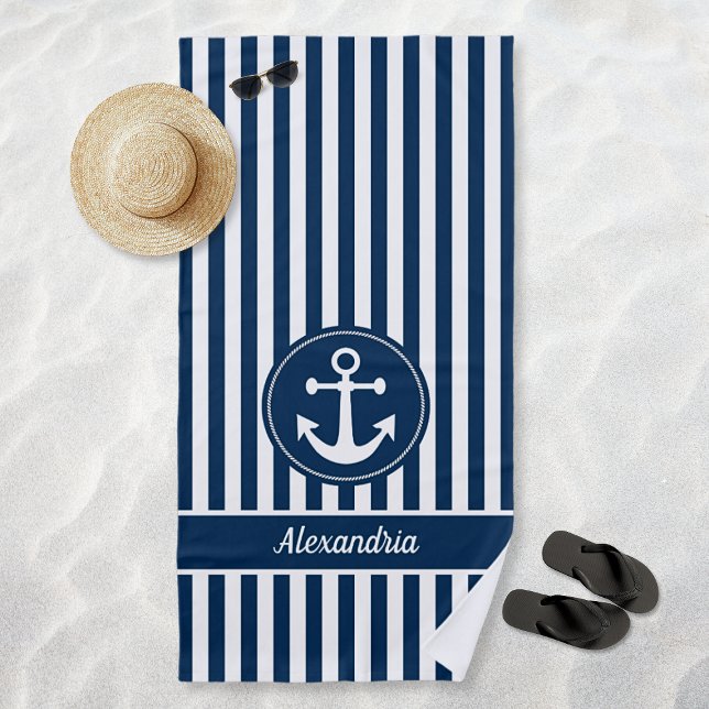 Nautischer Anker mit rosaroten blauen Streifen Strandtuch (Personalized Nautical Anchor with Rope Navy Blue Stripes Beach Towel)