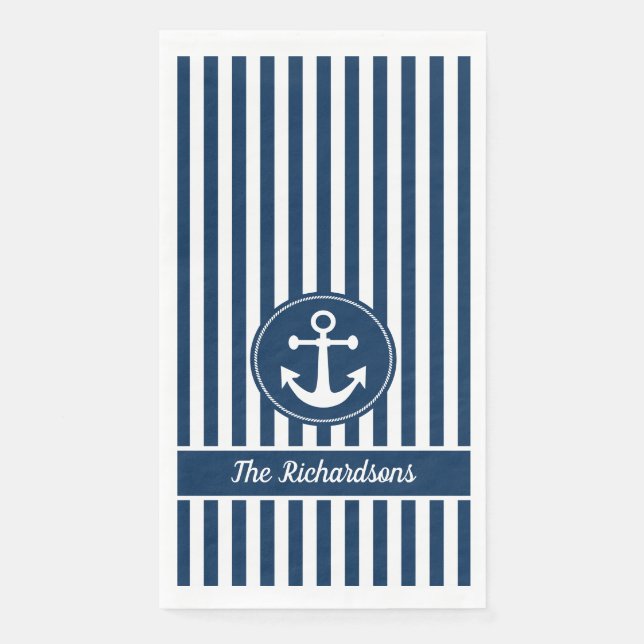 Nautischer Anker mit Seil auf Navy Blue Stripes Serviette (Vorderseite)