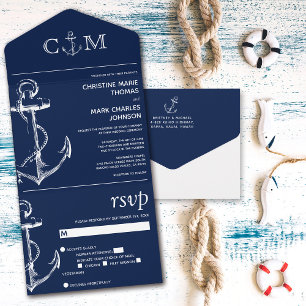 Nautischer Anker Navy Blau Hochzeit All In One Einladung