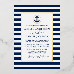 Nautischer Anker Navy Blau Streifen Hochzeit Gold Folieneinladung