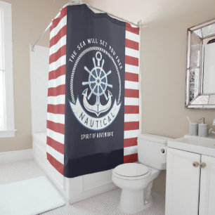Nautischer Anker, Rad, Navy Blue, Rote Streifen Duschvorhang