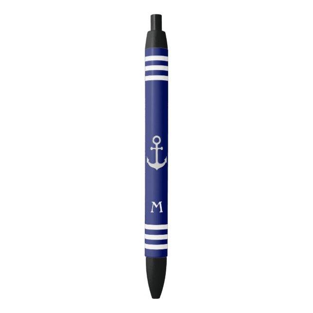 Nautischer Anker und Monogramm auf blauem Hintergr Kugelschreiber (Vorderseite Vertikal)