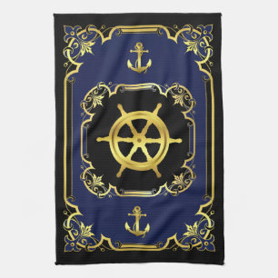 Nautischer Anker/vergoldetes Schiffrad, schwarz/go Geschirrtuch