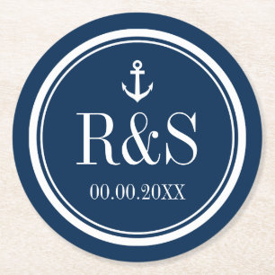 Nautischer Ankermarineblau-Monogramm-Hochzeitliche Runder Pappuntersetzer