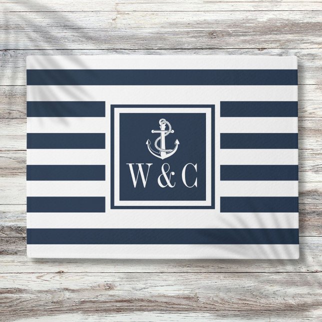 Nautischer Ankermonogramm Navy Blue Stripe Fußmatte (Nautical Anchor Monogram Navy Blue Stripe Doormat)