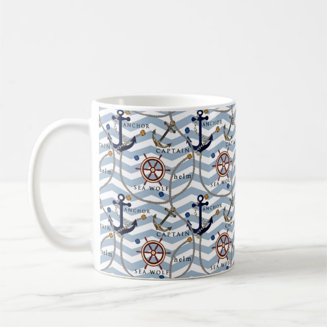 Nautischer Ankerruder, blauer Streifen Kaffeetasse (Links)