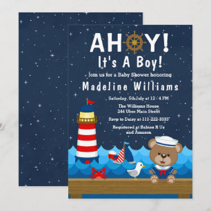 Nautischer Bär Junge Rot und Marine Baby Shower Einladung