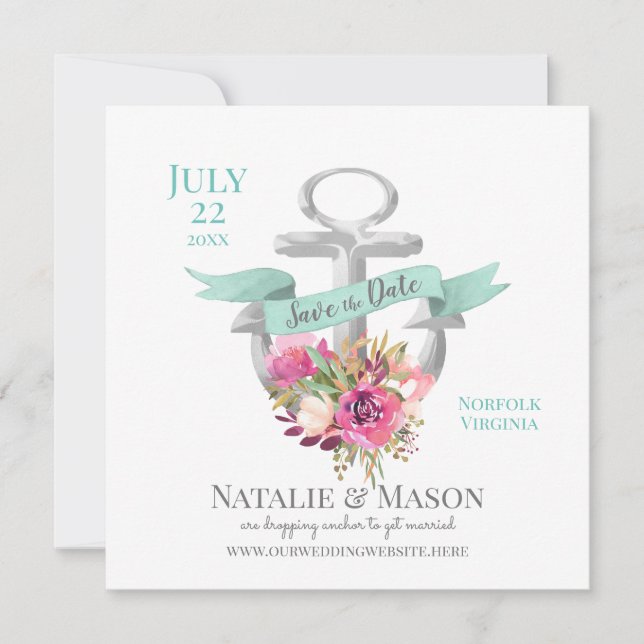Nautischer Blumenanker mit Save the Date Ribbon (Vorderseite)