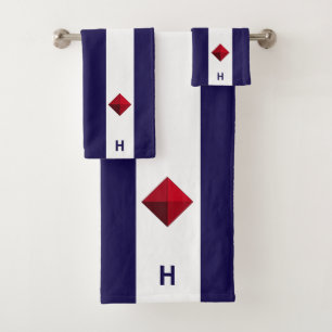 Nautischer Diamant & Monogramm auf Blau & Weiß Badhandtuch Set