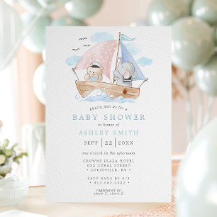 Nautischer Elefant Bär Aquarell Boot Babyparty Einladung