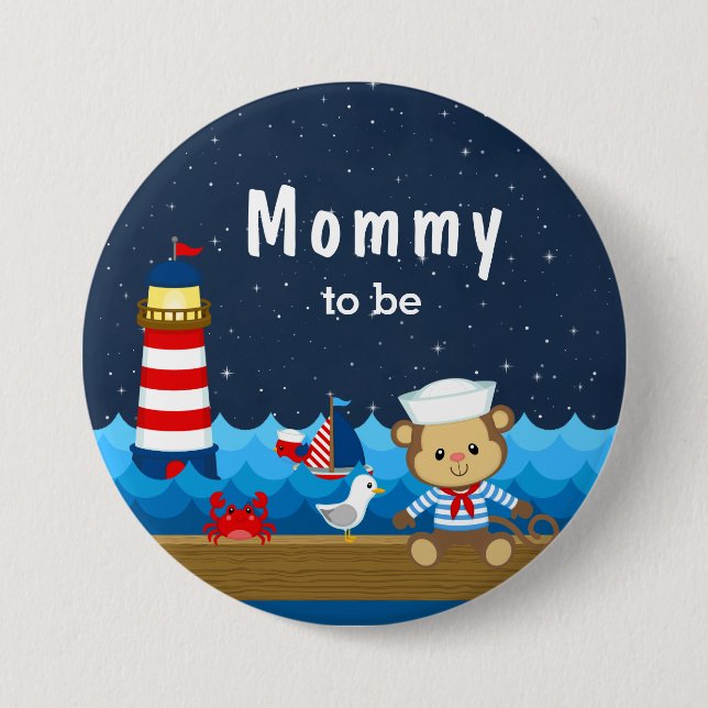 Nautischer Junge Affe Rot und Navy werdende Mutti Button (Vorderseite)