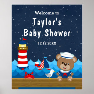 Nautischer Junge Bär Rot Marine Babyparty Willkomm Poster