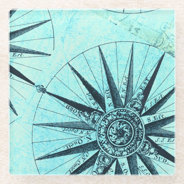 Nautischer Kompass cool blau Glasuntersetzer (Vorderseite)