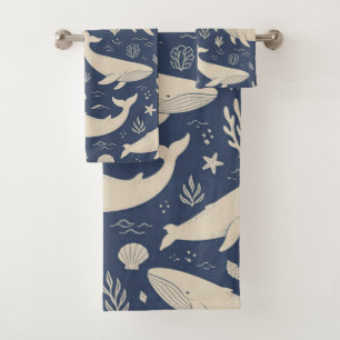 Nautischer Navy Blauwal und Meeresleben Sommer Badhandtuch Set