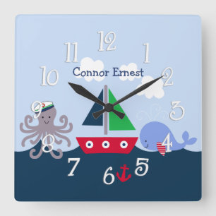 Nautischer Oktopus, Wal, Meereswelt Kinderzimmer U Quadratische Wanduhr