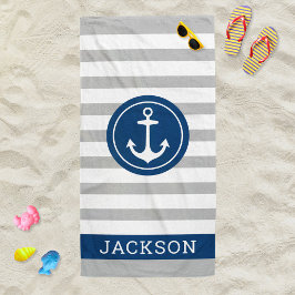 Nautischer Personalisierter Name Navy Gray Stripin Strandtuch
