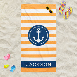 Nautischer Personalisierter Name Navy Orange Strip Strandtuch