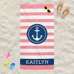 Nautischer Personalisierter Name Navy Pink Stripin Strandtuch<br><div class="desc">Personalisiertes Strandhandtuchdesign mit einem runden gerahmten Bootanker und individuellem Text in einfacher und moderner Serifenschrift,  die mit einem Vornamen personalisiert werden kann. Das dunkelblaue Kreissdesign und der Textrahmen kontrastieren einen gestreiften rosa und weißen Hintergrund mit einem stilvollen Muster horizontaler Streifen. Farben und Schriftart-Stil können komplett angepasst werden.</div>