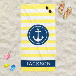 Nautischer Personalisierter Name Navy Yellow Strip Strandtuch