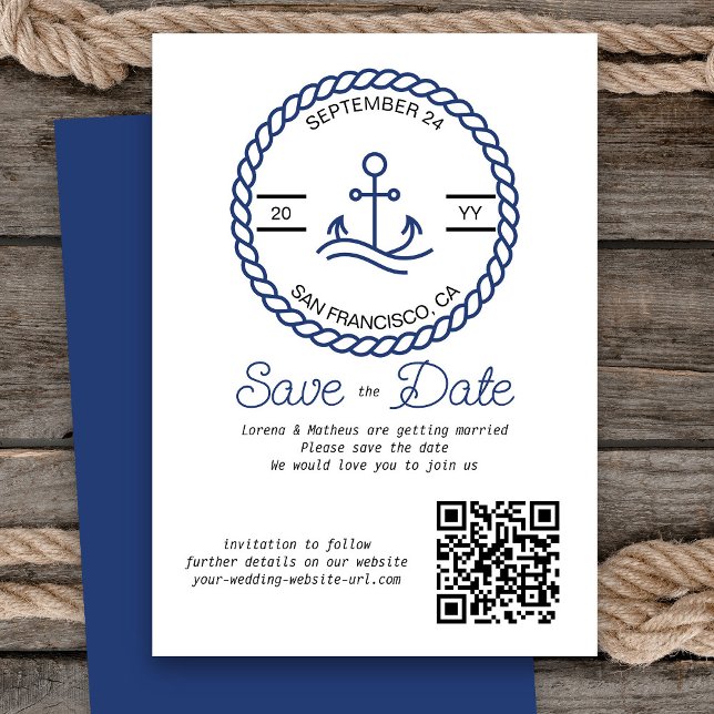 Nautischer QR-Code beim Hochfahren der Datumskarte Save The Date (Nautical Wedding Save the Date Card with QR Code)