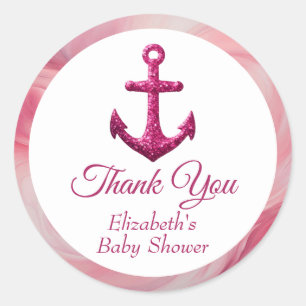 Nautischer rosa glänzender Anker-Baby-Party Runder Aufkleber