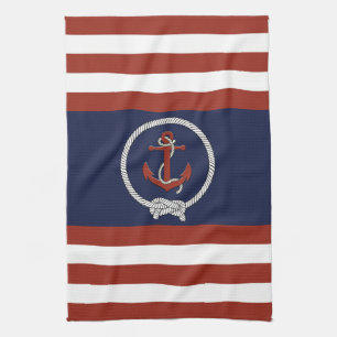 Nautischer roter Anker/Seeknoten/blau/weißer Strei Geschirrtuch