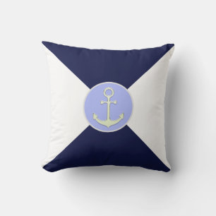 Nautischer Silberanker auf Marineblau und Weiß Kissen