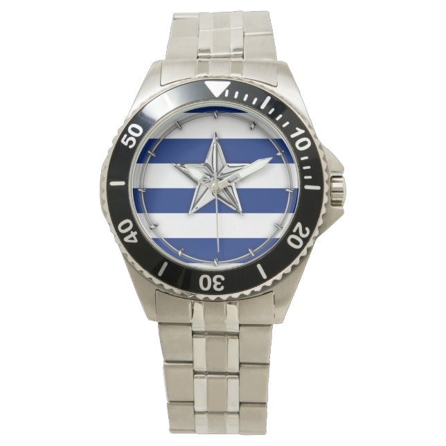 Nautischer Silberstern auf blauen Streifen Armbanduhr (Vorderseite)