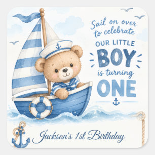 Nautischer Teddybär-Segelboot 1. Geburtstag Quadratischer Aufkleber