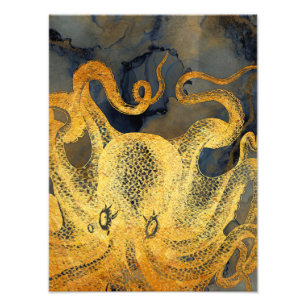 Nautischer Vintage-Gold-Oktopus Schwarze Tinte Was Fotodruck