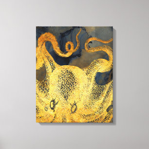 Nautischer Vintage-Gold-Oktopus Schwarze Tinte Was Leinwanddruck