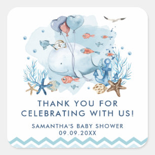 Nautischer Wal unter der Blue Boy Baby Dusche Quadratischer Aufkleber