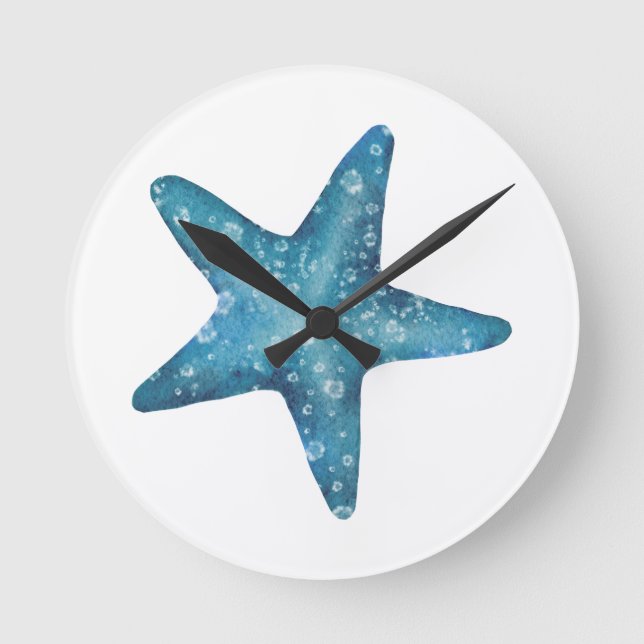 Nautischer Wasserfarb-Blauer Seestern Runde Wanduhr (Vorderseite)
