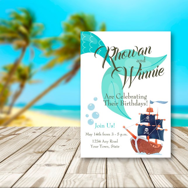 Nautisches Adventure Mermaid & Pirate Duale zum Ge Einladung (Cute pirate and mermaid invitation for a dual kids summer birthday party!)