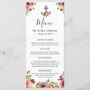 Nautisches Anker-Blumen-Hochzeitsmenü Menükarte