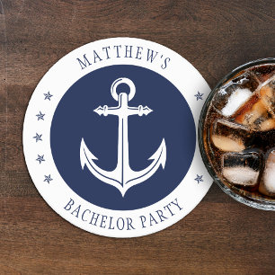 Nautisches Anker-Junggesellenparty Blau & Weiß Runder Pappuntersetzer