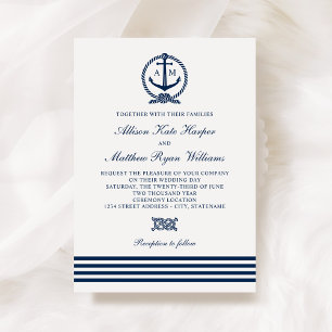 Nautisches Anker-Monogramm Navy-Streifen-Hochzeit Einladung