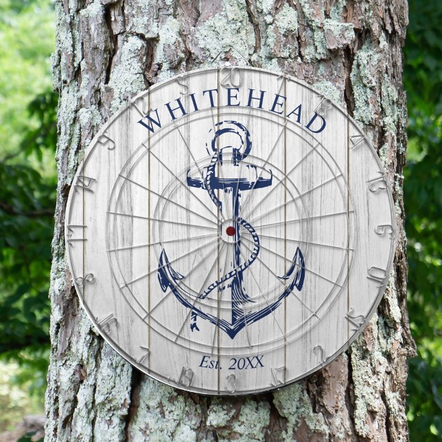 Nautisches Anker-Monogramm Weiß Holz Dartscheibe (Personalized nautical anchor design. Great for a family reunion, wedding, or family gift.)
