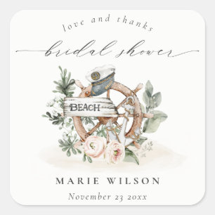 Nautisches Anker-Steuerrad-Blattreiches Florales B Quadratischer Aufkleber