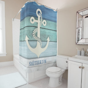 Nautisches Aqua-Blau-Weiß-Distressed-Holz-Anker Duschvorhang