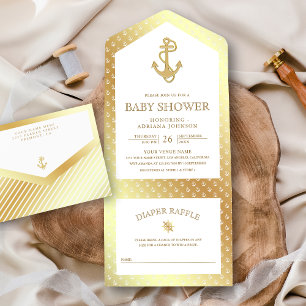 Nautisches Baby Shower mit Weiß und Gold Anker All In One Einladung