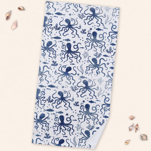 Nautisches Blau Aquarell Oktopus Unterwasser Muste Strandtuch