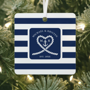 Nautisches Blau gestreifter Seil-Herz-Anker-Weihna Ornament Aus Metall
