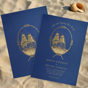 Nautisches Blau Gold Schiff Meer Hochzeit Knoten b Einladung